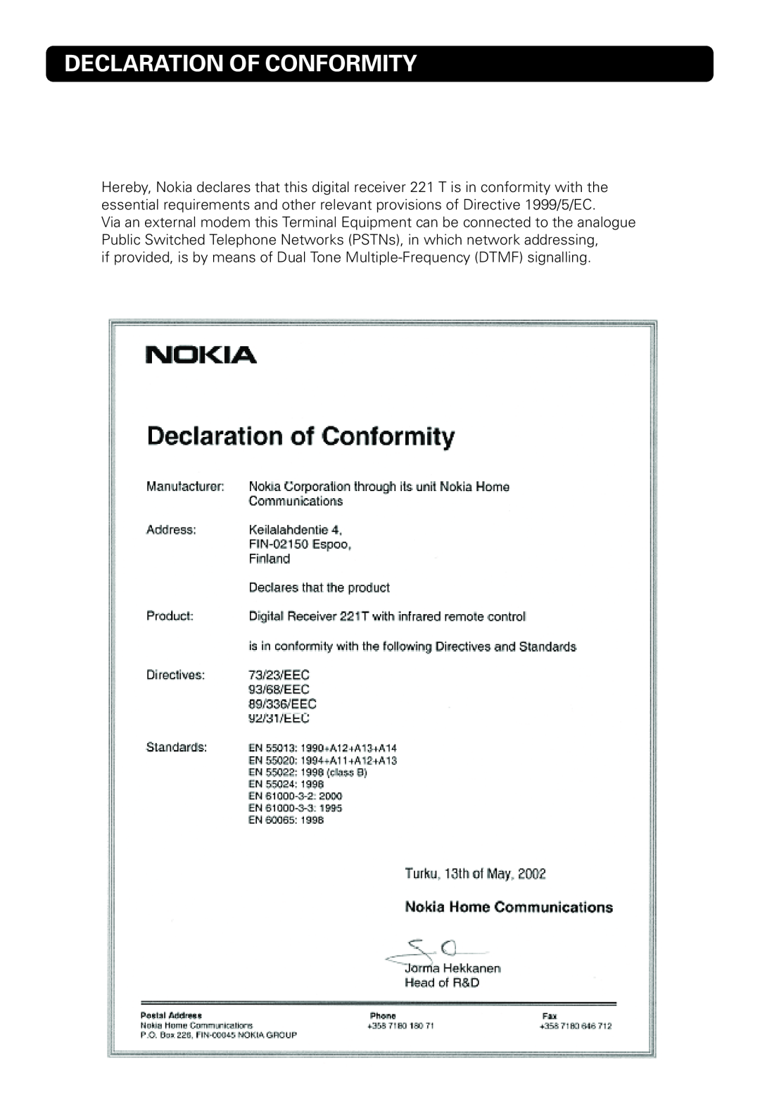Nokia 221 T owner manual Declaration Of Conformity 