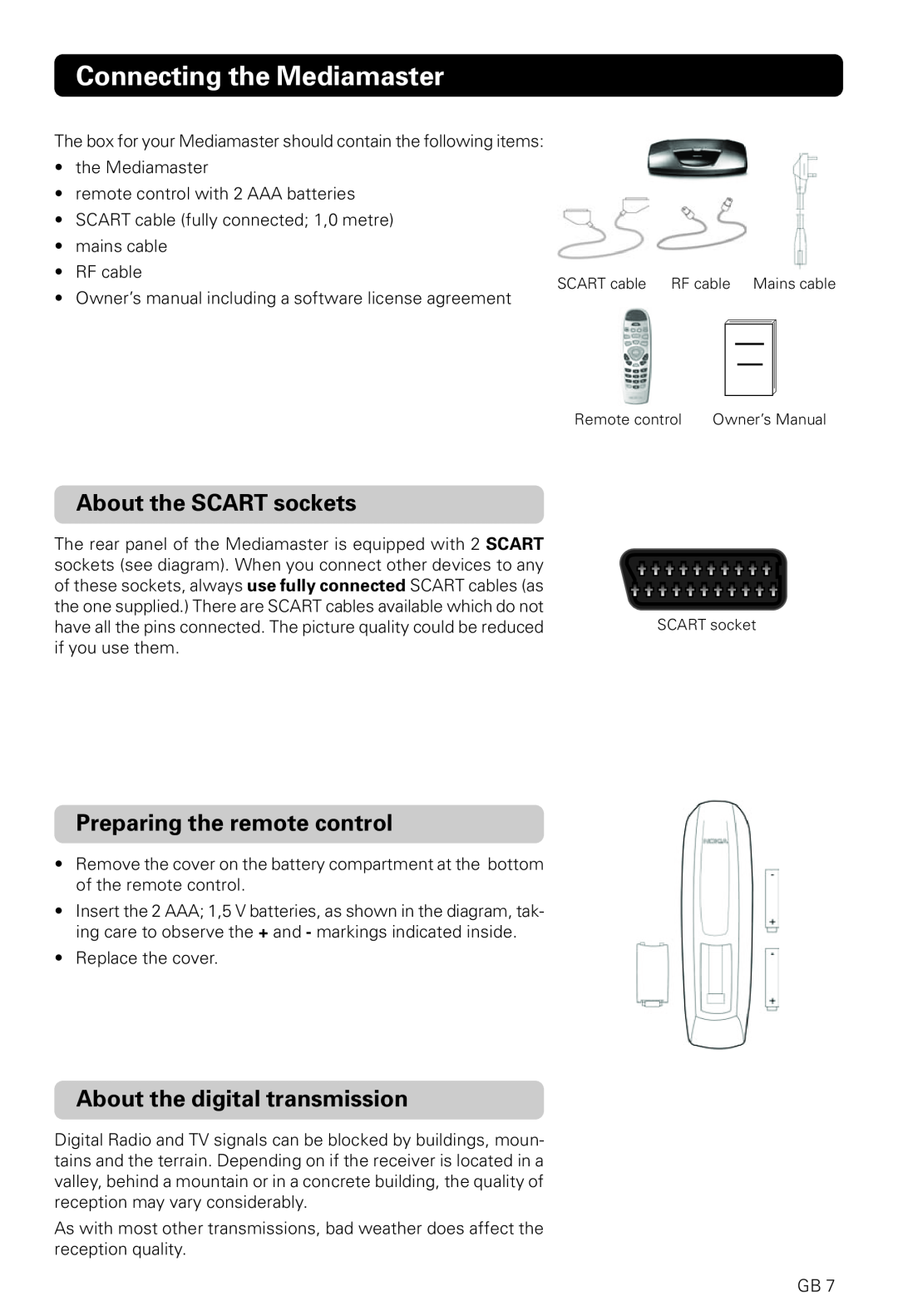 Nokia 221 T owner manual Connecting the Mediamaster, About the SCART sockets, Preparing the remote control 
