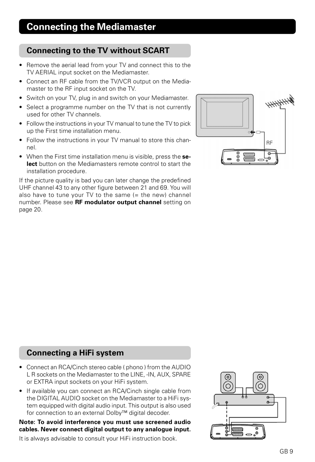 Nokia 221 T owner manual Connecting to the TV without SCART, Connecting a HiFi system, Connecting the Mediamaster 