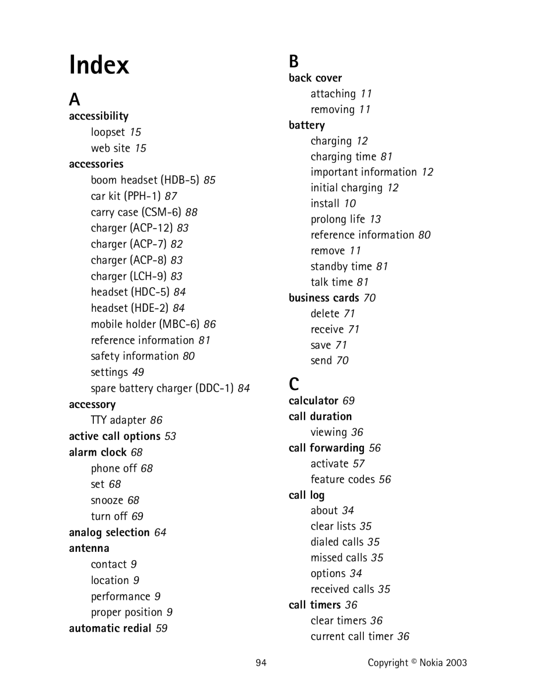 Nokia 2220 specifications Index 