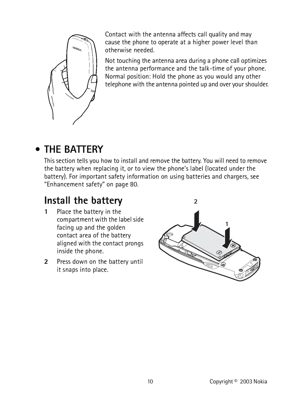 Nokia 2220 specifications Battery, Install the battery 