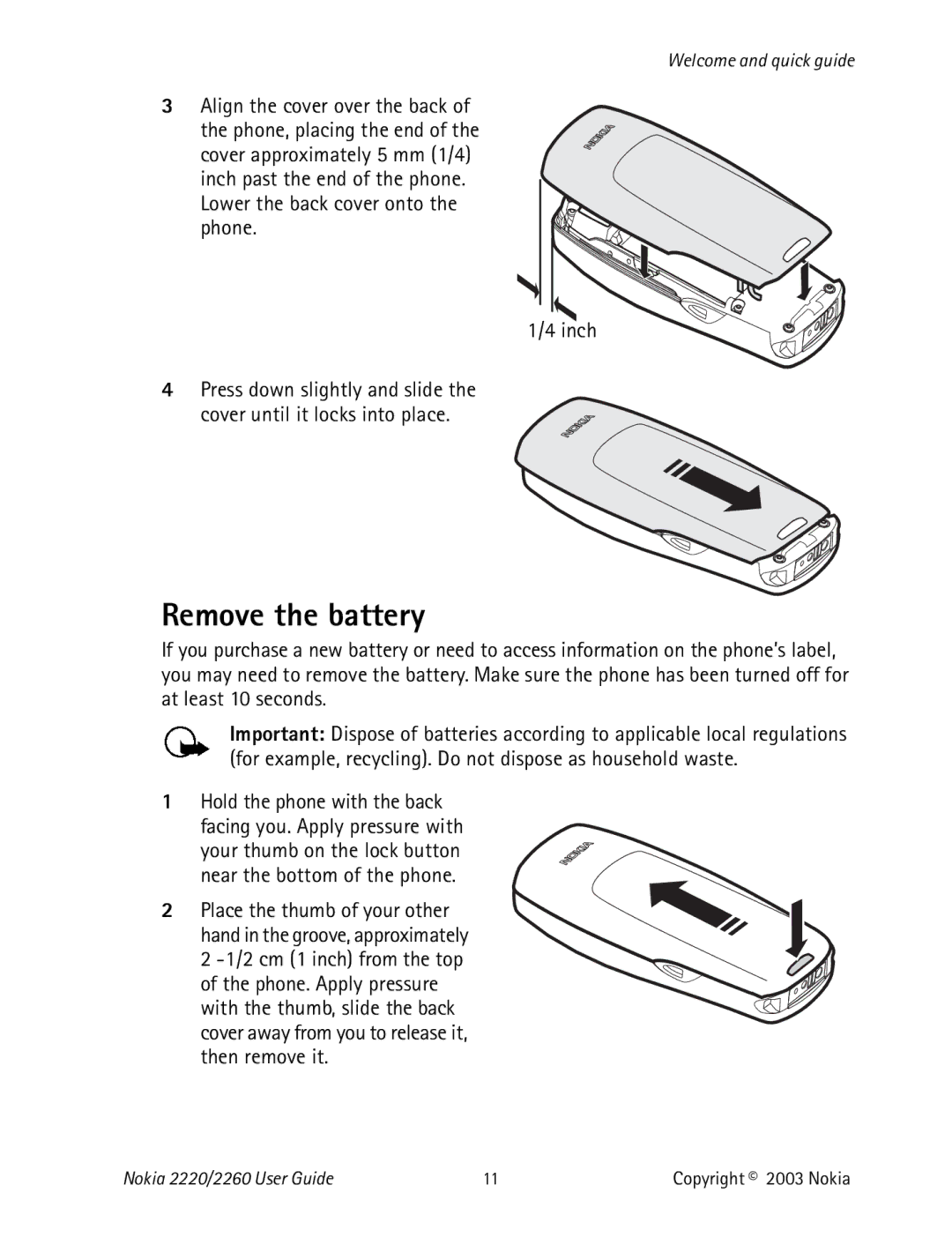 Nokia 2220 specifications Remove the battery, Align the cover over the back 