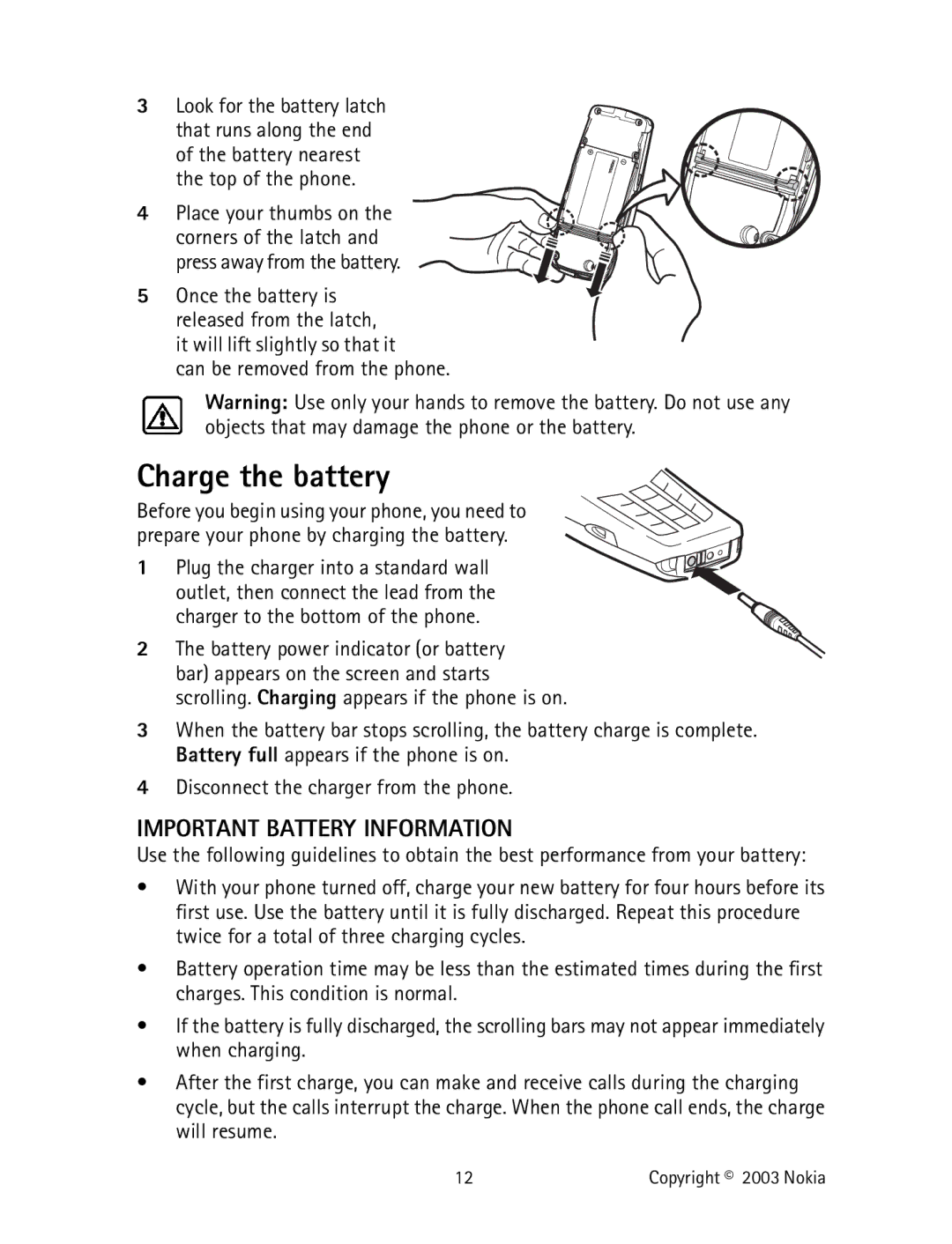 Nokia 2220 specifications Charge the battery, Important Battery Information, Can be removed from the phone 