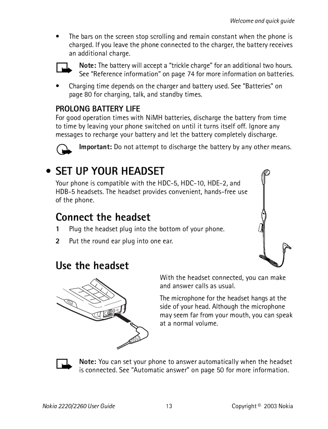 Nokia 2220 specifications SET UP Your Headset, Connect the headset, Use the headset, Prolong Battery Life 