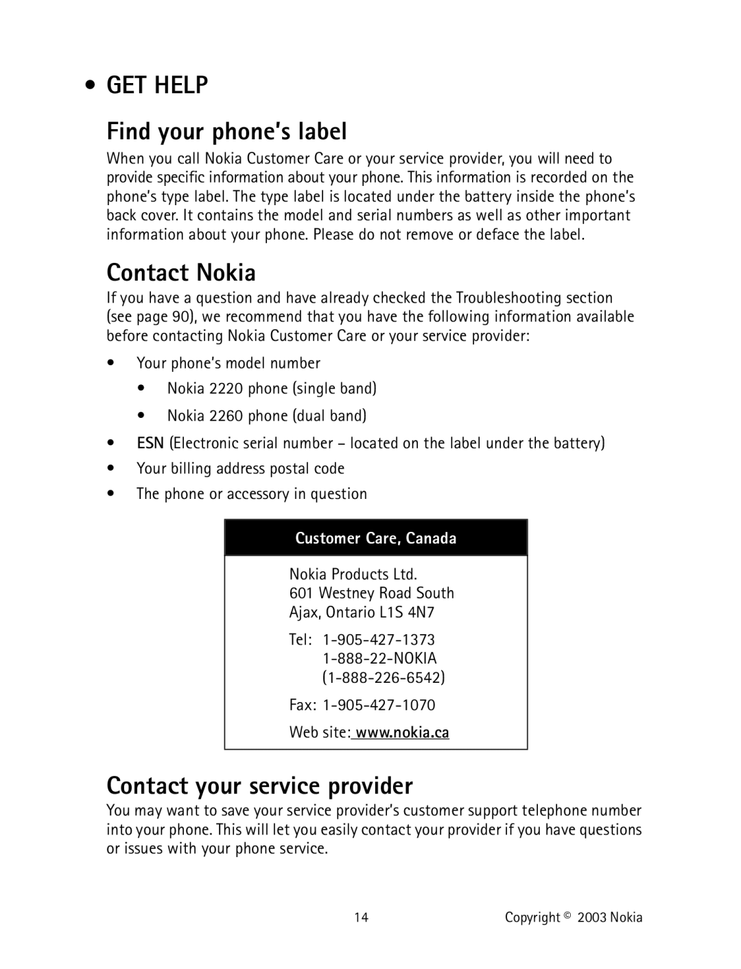 Nokia 2220 GET Help, Find your phone’s label, Contact Nokia, Contact your service provider, Customer Care, Canada 