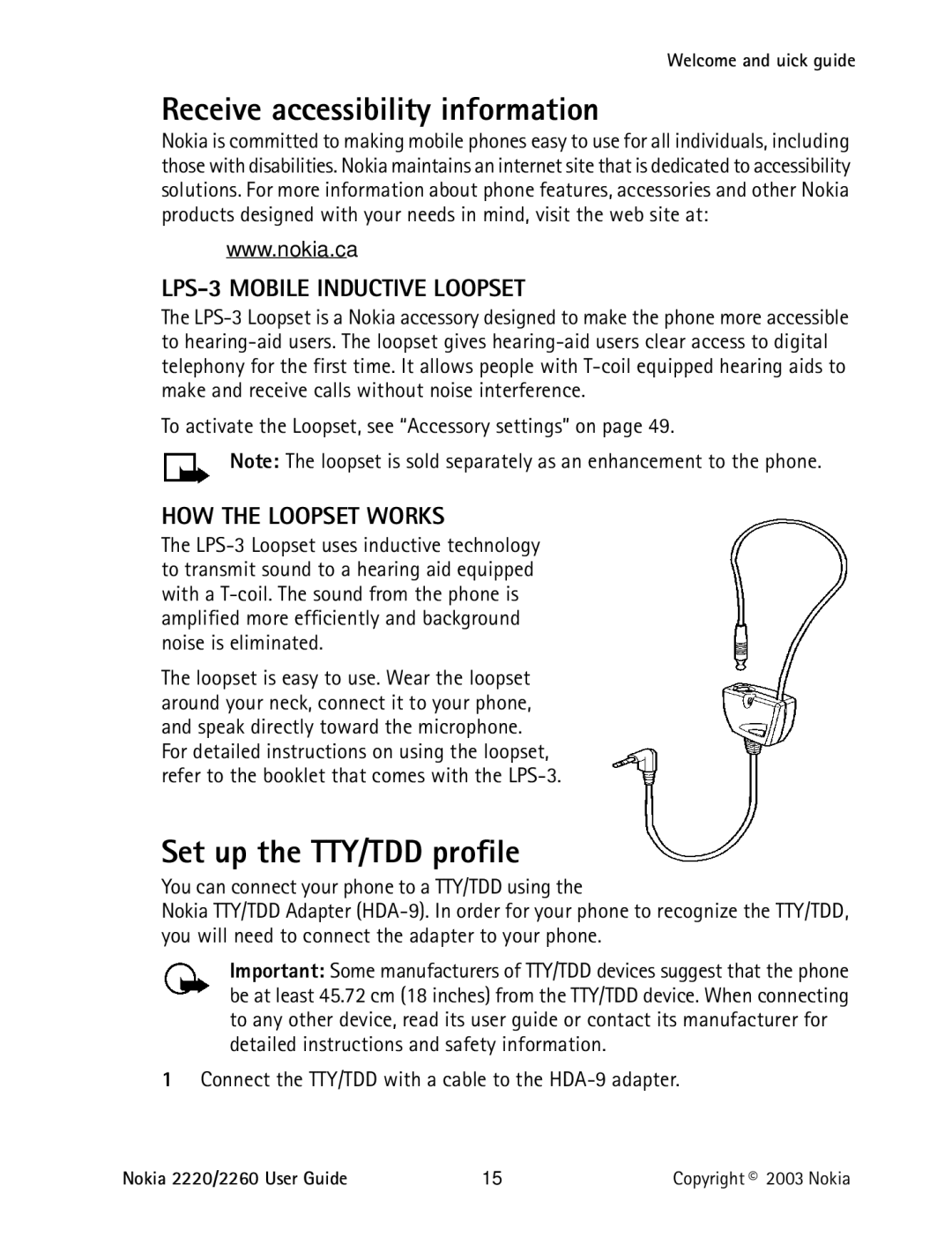 Nokia 2220 specifications Receive accessibility information, Set up the TTY/TDD profile, LPS-3 Mobile Inductive Loopset 