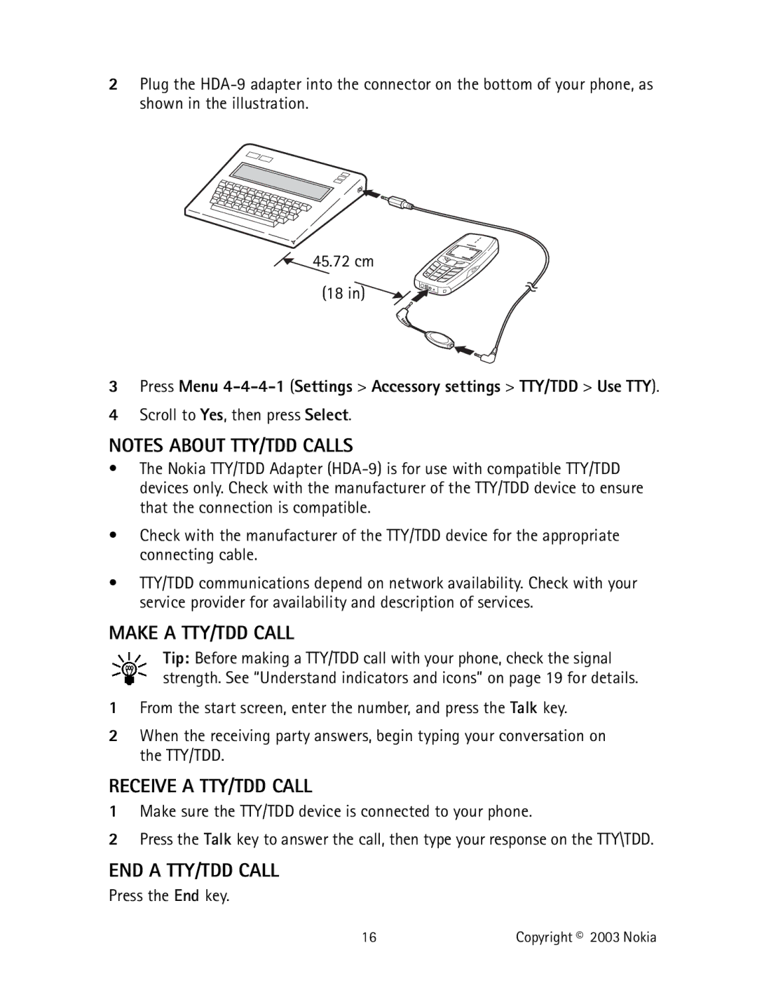 Nokia 2220 specifications Make a TTY/TDD Call, Receive a TTY/TDD Call, END a TTY/TDD Call, Press the End key 