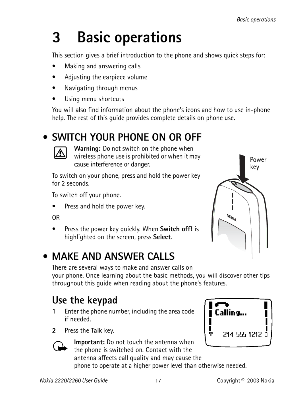 Nokia 2220 specifications Basic operations, Switch Your Phone on or OFF, Make and Answer Calls, Use the keypad 