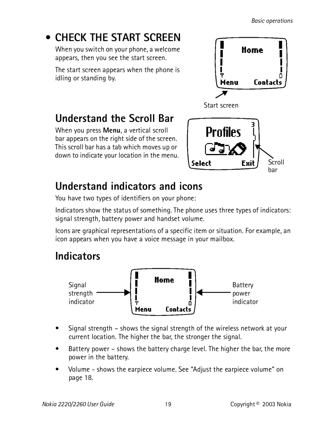Nokia 2220 specifications Check the Start Screen, Understand the Scroll Bar, Understand indicators and icons, Indicators 