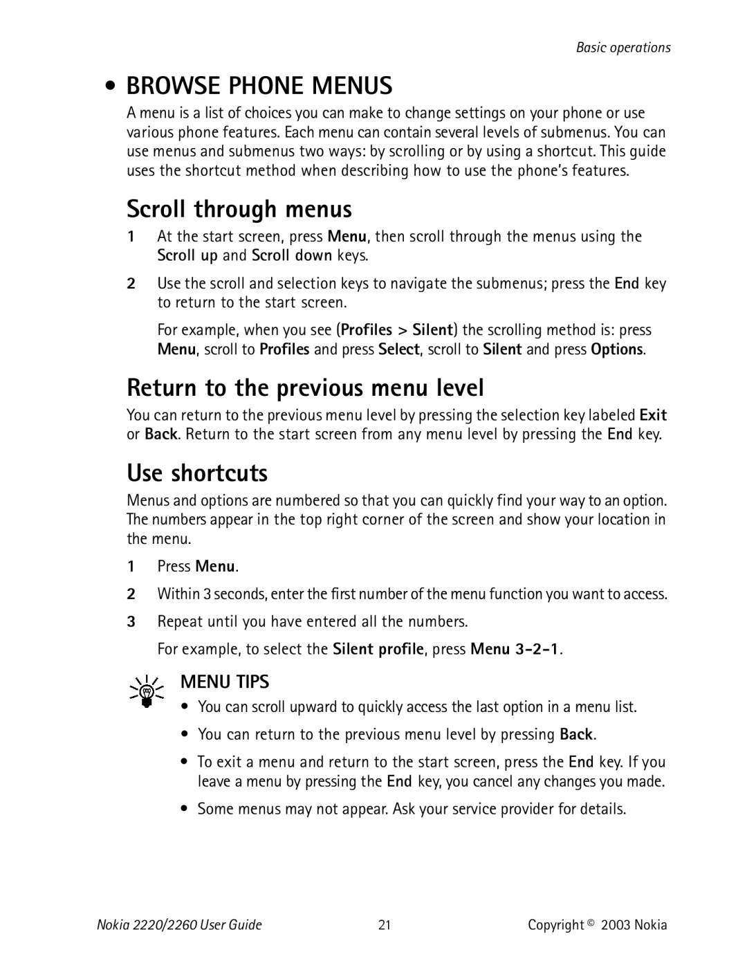 Nokia 2220 Browse Phone Menus, Scroll through menus, Return to the previous menu level, Use shortcuts, Menu Tips 