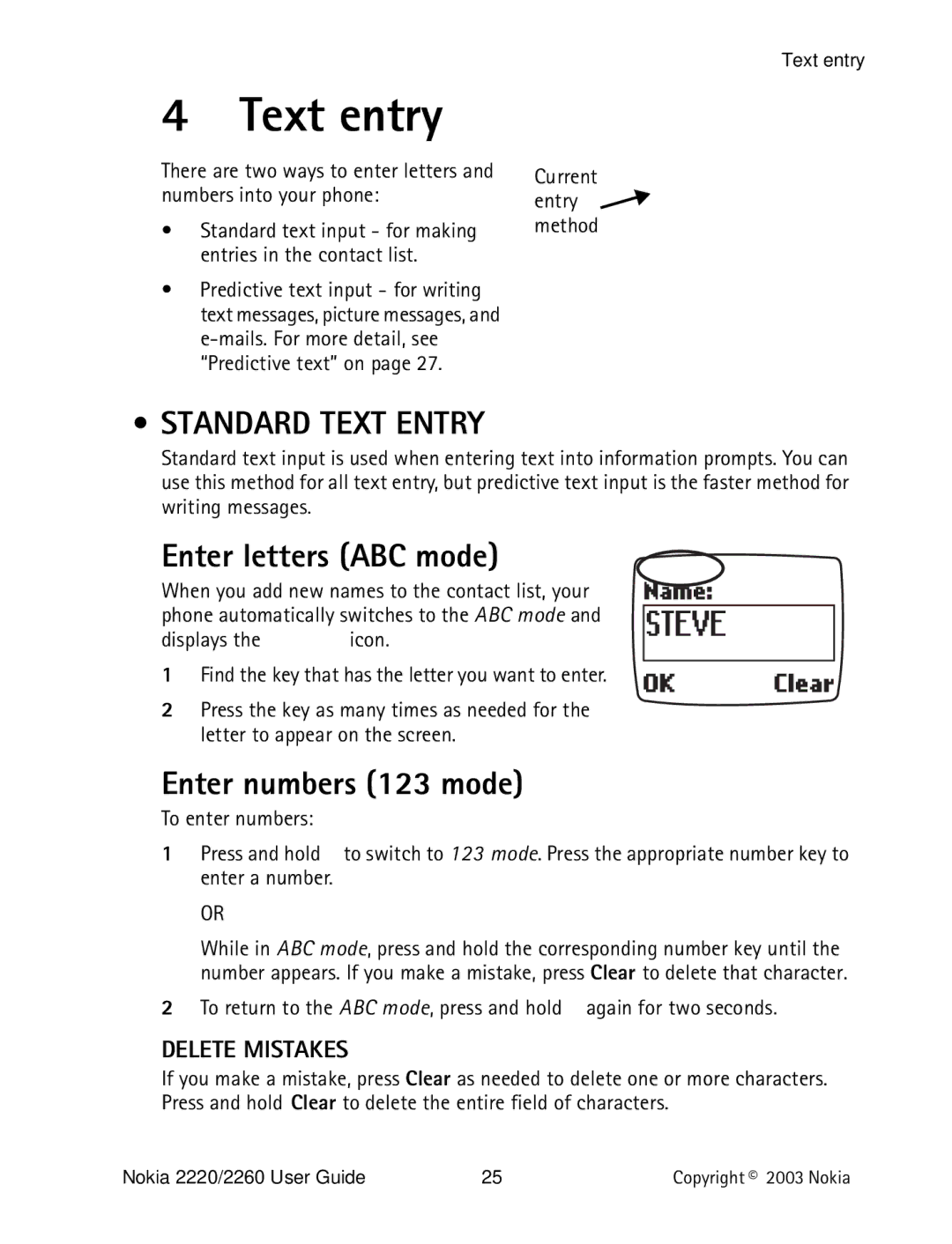 Nokia 2220 specifications Text entry, Enter letters ABC mode, Enter numbers 123 mode, Delete Mistakes 