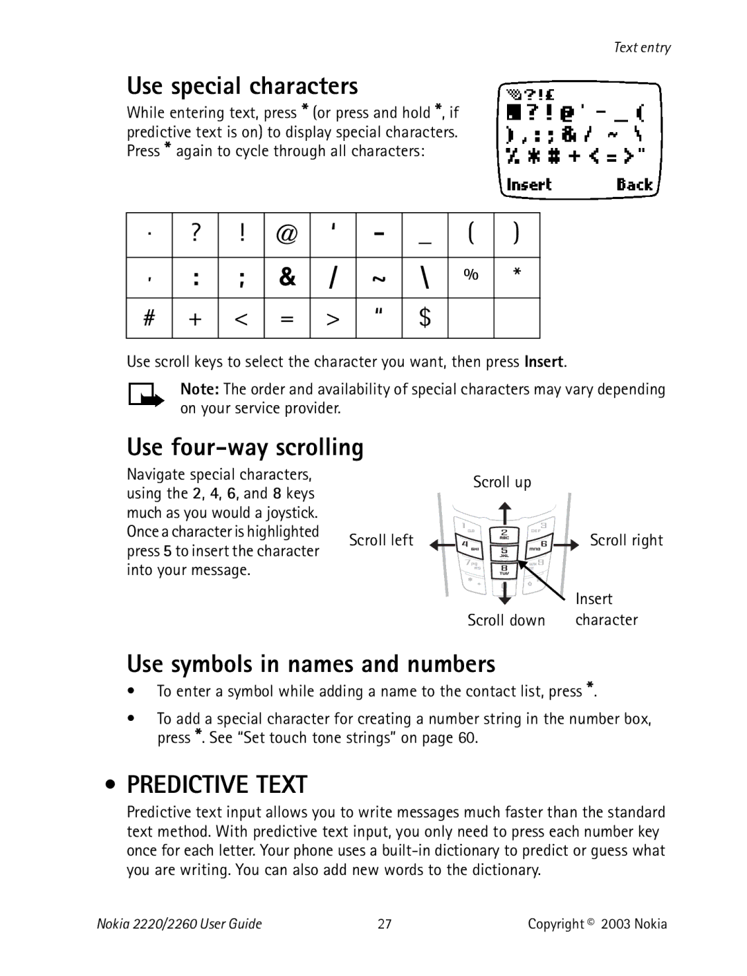 Nokia 2220 specifications Use special characters, Use four-way scrolling, Use symbols in names and numbers, Predictive Text 