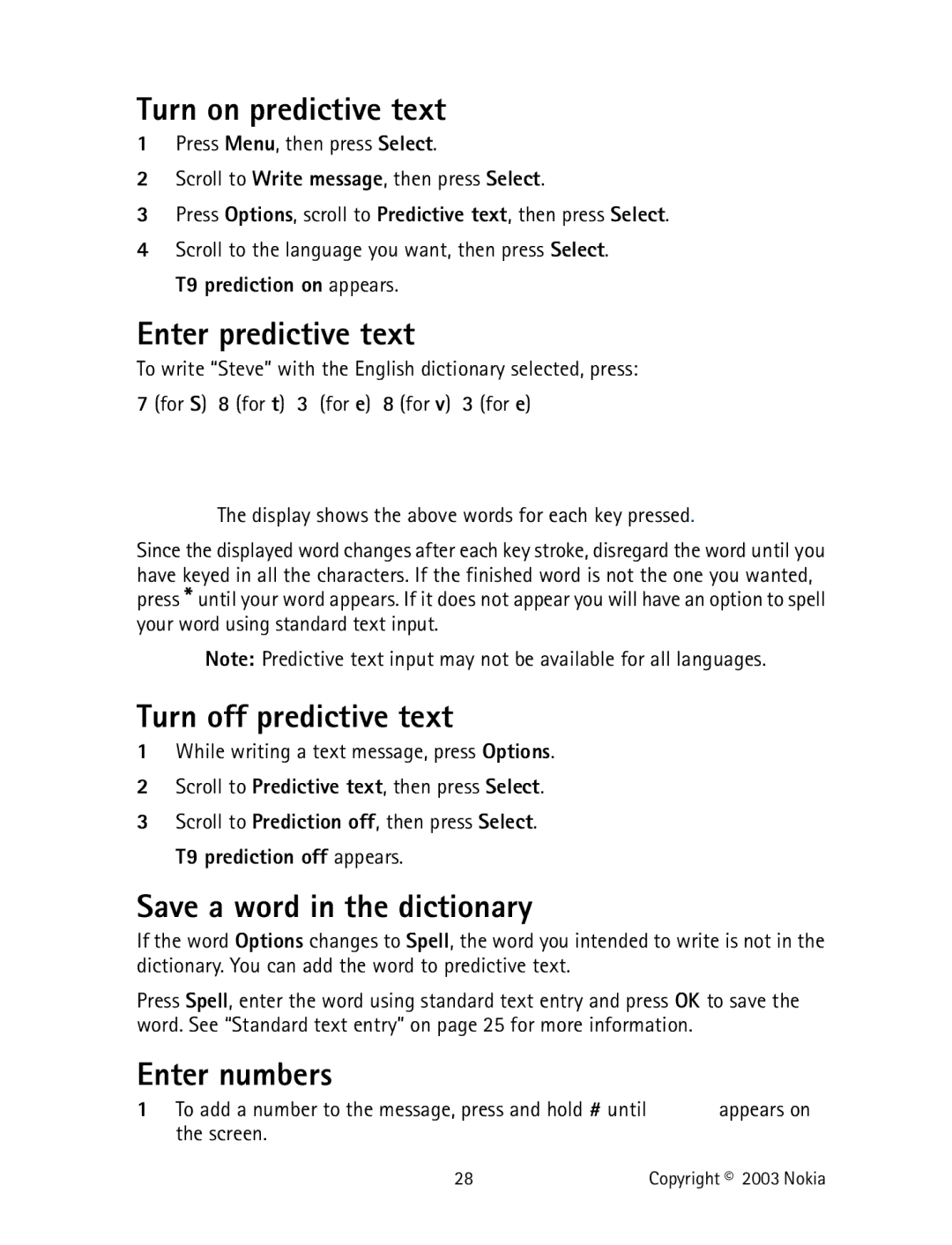 Nokia 2220 Turn on predictive text, Enter predictive text, Turn off predictive text, Save a word in the dictionary 