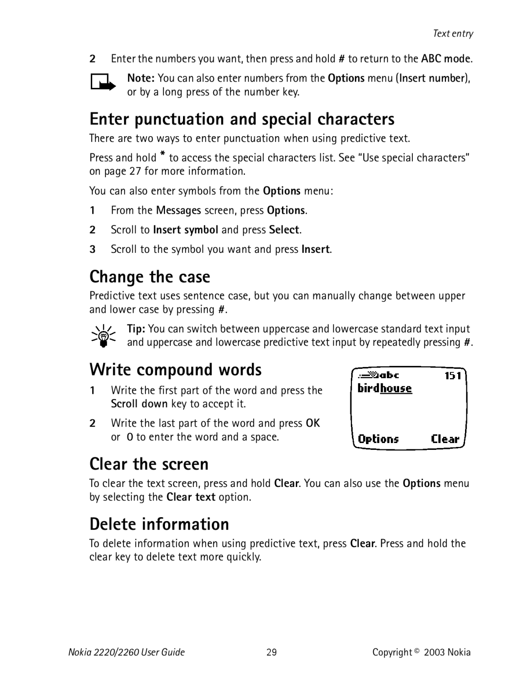 Nokia 2220 specifications Enter punctuation and special characters, Change the case, Write compound words, Clear the screen 