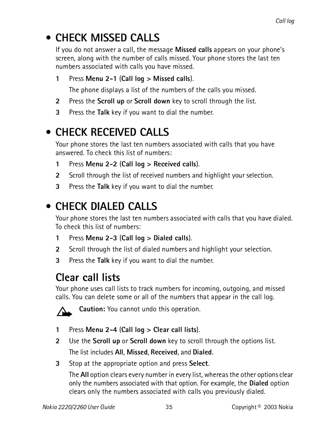 Nokia 2220 specifications Check Missed Calls, Check Received Calls, Check Dialed Calls, Clear call lists 