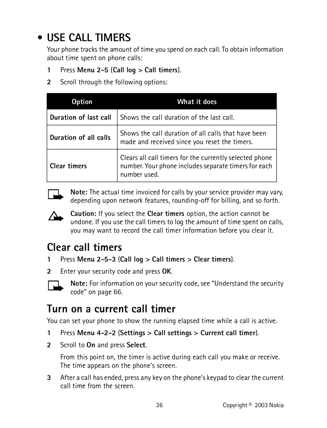 Nokia 2220 specifications USE Call Timers, Clear call timers, Turn on a current call timer, Option What it does 