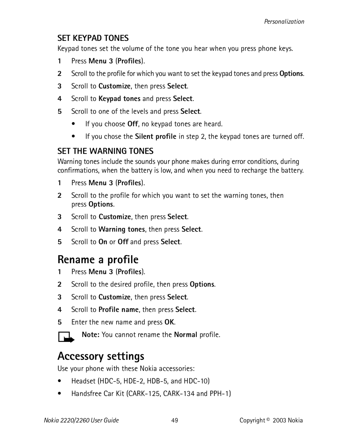 Nokia 2220 specifications Rename a profile, Accessory settings, SET Keypad Tones, SET the Warning Tones 