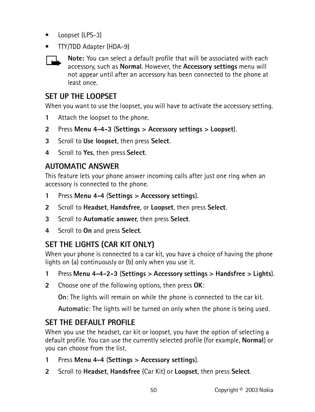 Nokia 2220 specifications SET UP the Loopset, Automatic Answer, SET the Lights CAR KIT only, SET the Default Profile 