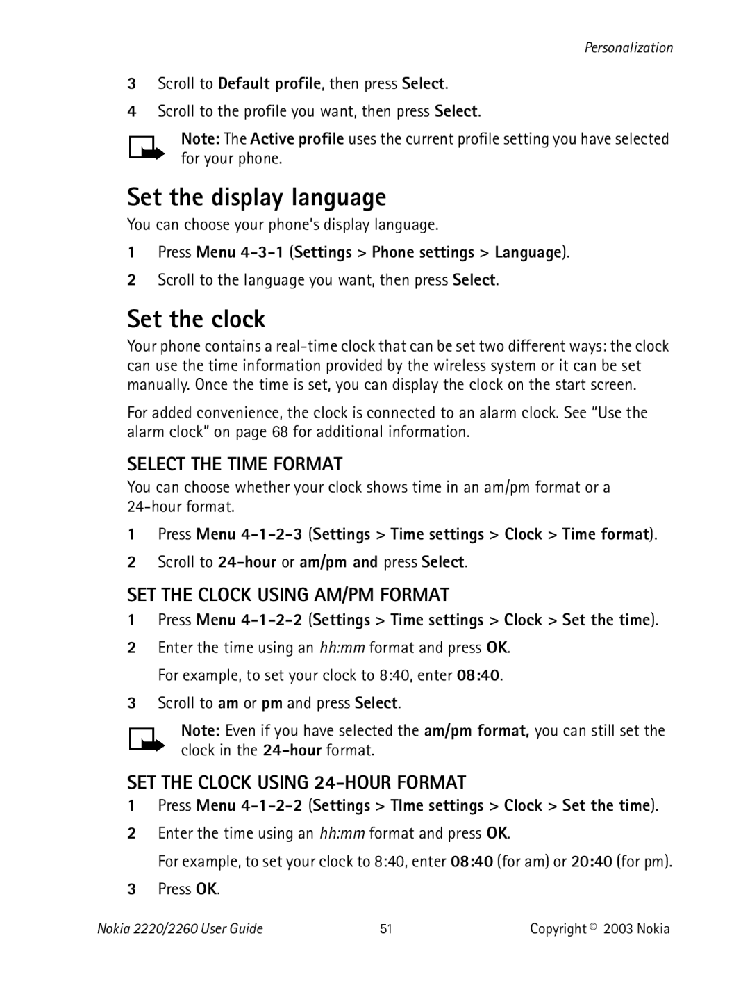 Nokia 2220 specifications Set the display language, Set the clock, Select the Time Format, SET the Clock Using AM/PM Format 