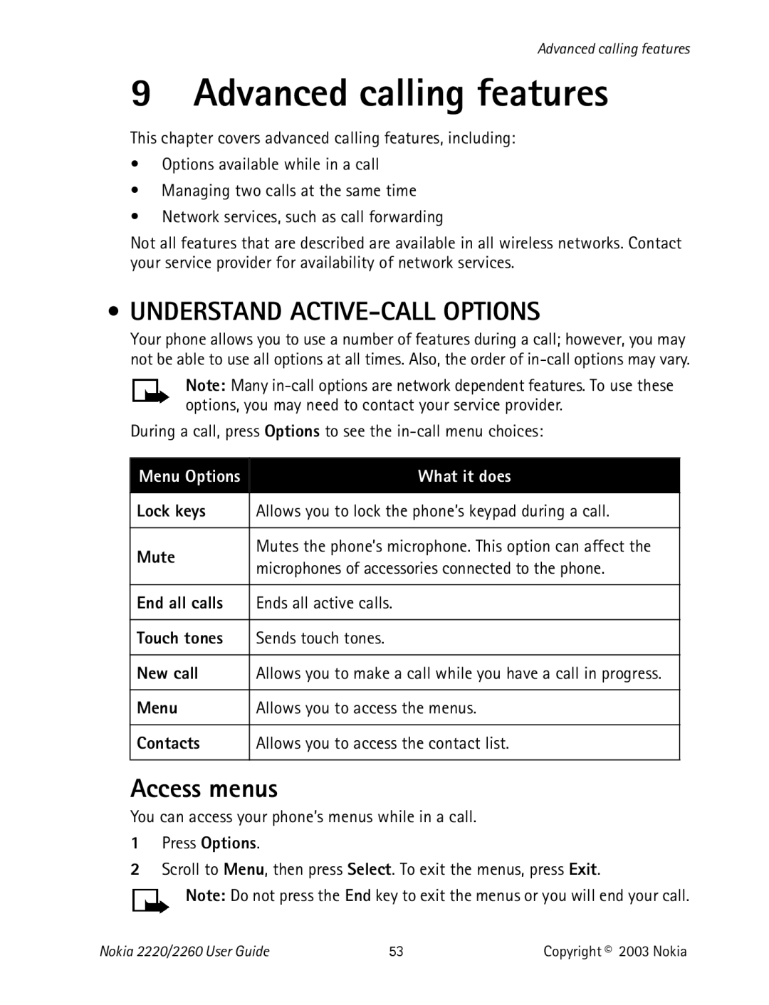 Nokia 2220 specifications Advanced calling features, Understand ACTIVE-CALL Options, Access menus 