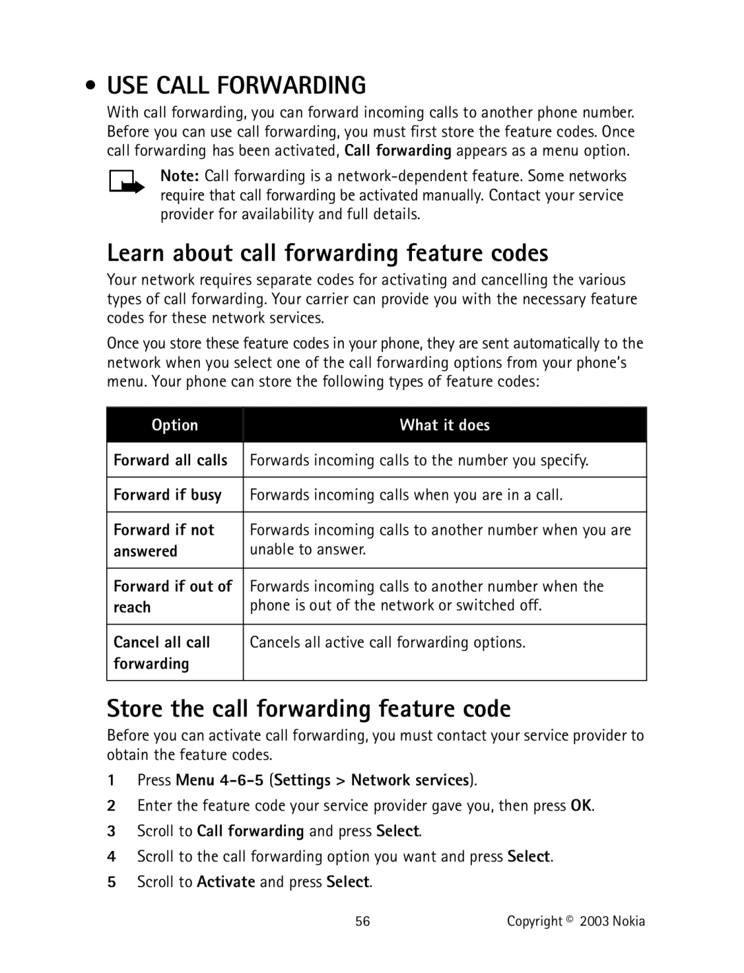 Nokia 2220 USE Call Forwarding, Learn about call forwarding feature codes, Store the call forwarding feature code 