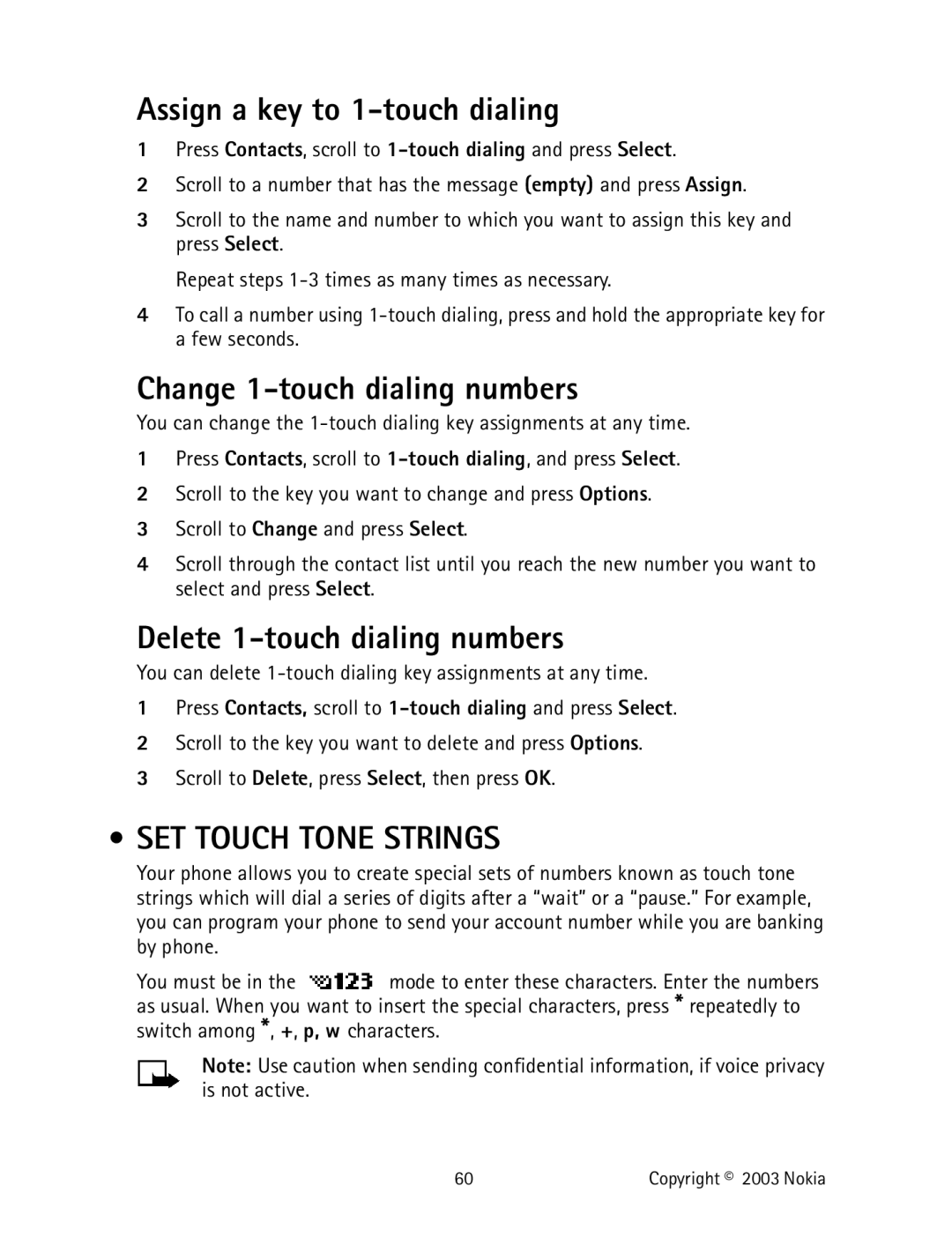 Nokia 2220 specifications Assign a key to 1-touch dialing, Change 1-touch dialing numbers, Delete 1-touch dialing numbers 