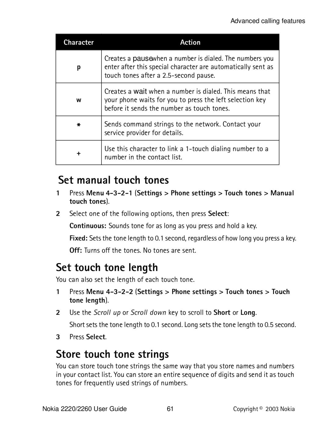 Nokia 2220 specifications Set manual touch tones, Set touch tone length, Store touch tone strings, Action 