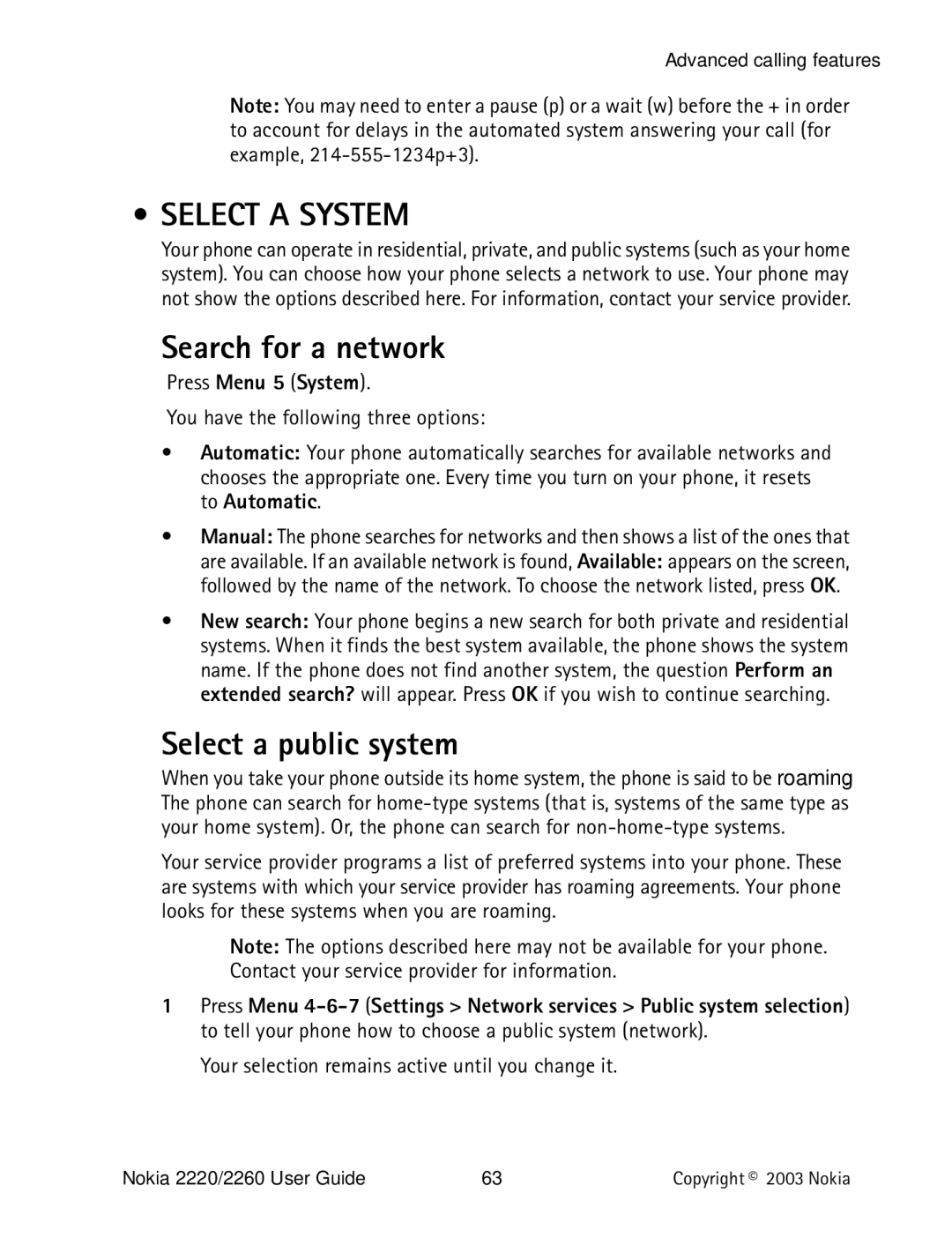 Nokia 2220 specifications Select a System, Search for a network, Select a public system, Press Menu 5 System 