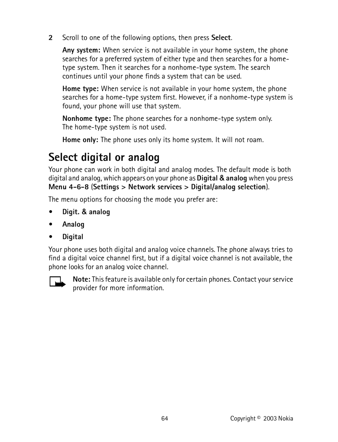 Nokia 2220 Select digital or analog, Menu options for choosing the mode you prefer are, Digit. & analog Analog Digital 