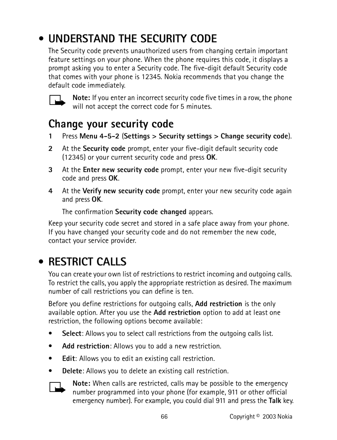 Nokia 2220 specifications Understand the Security Code, Change your security code, Restrict Calls 