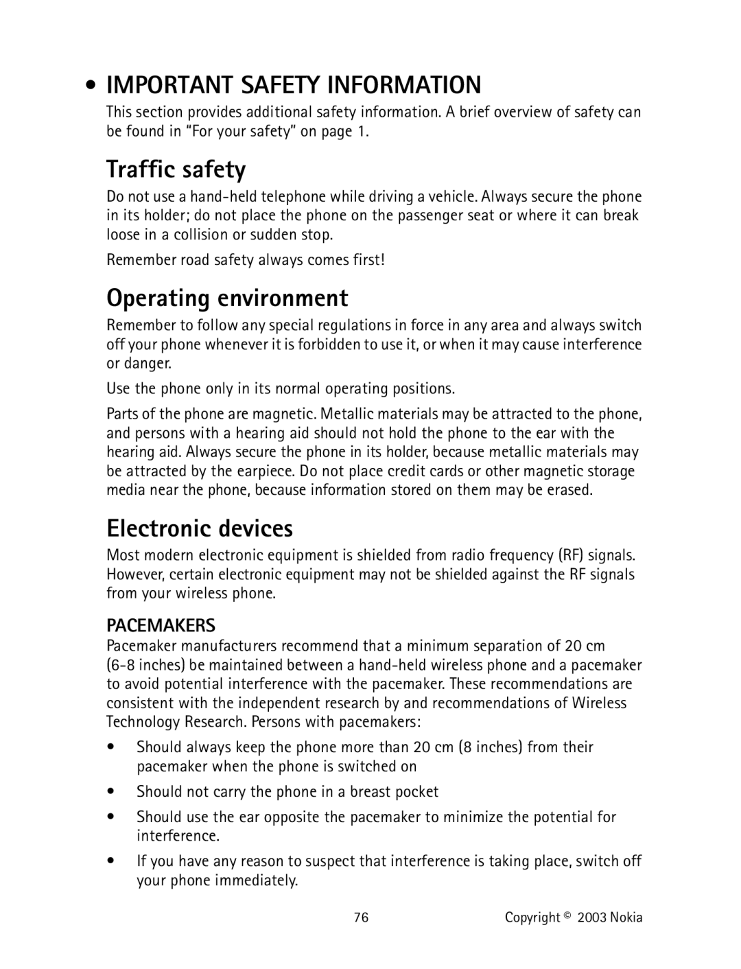 Nokia 2220 Important Safety Information, Traffic safety, Operating environment, Electronic devices, Pacemakers 