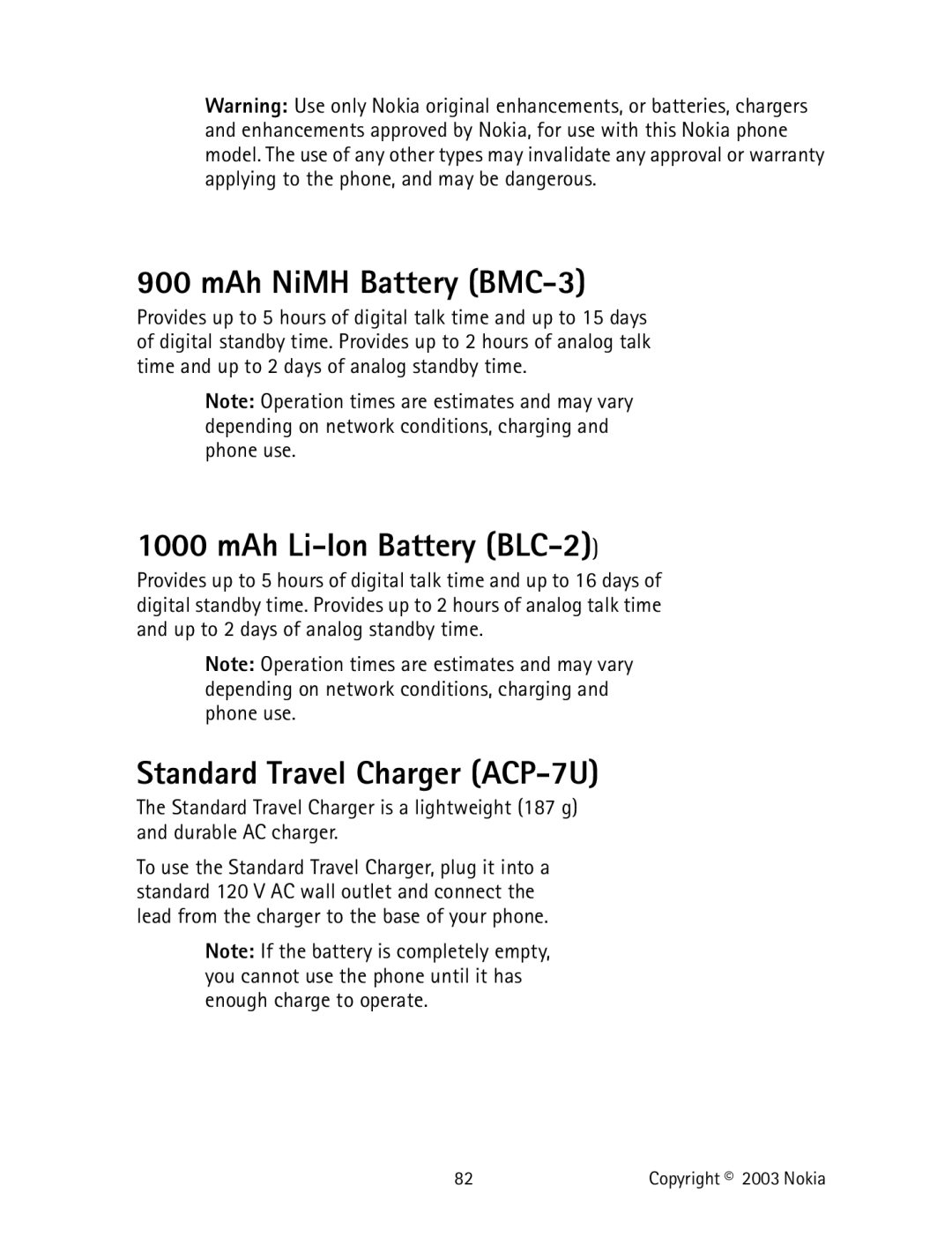 Nokia 2220 specifications MAh NiMH Battery BMC-3, MAh Li-Ion Battery BLC-2, Standard Travel Charger ACP-7U 