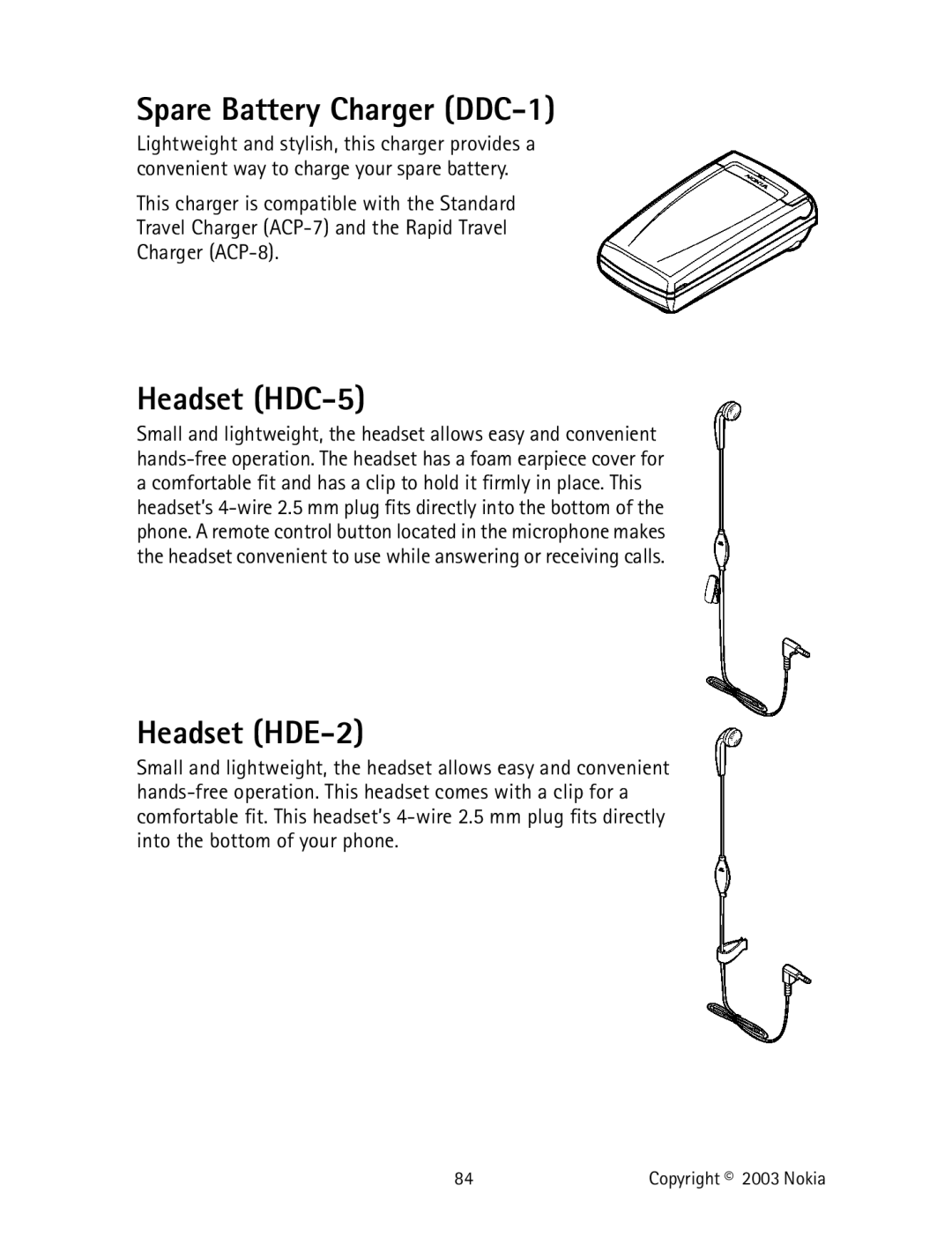 Nokia 2220 specifications Spare Battery Charger DDC-1, Headset HDC-5, Headset HDE-2 