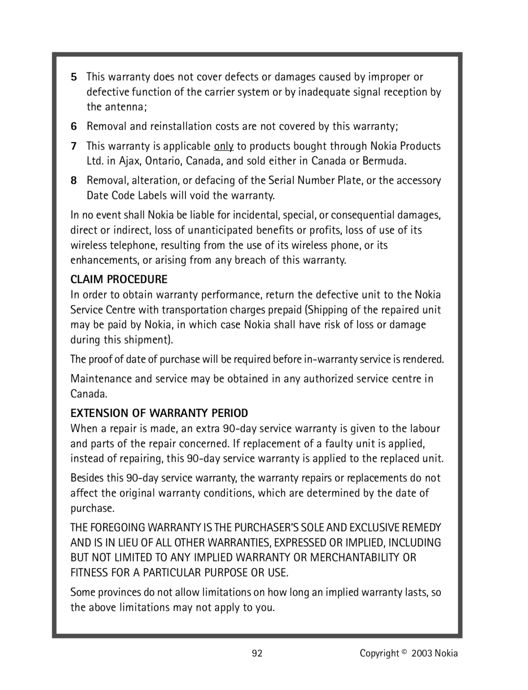 Nokia 2220 specifications Claim Procedure 