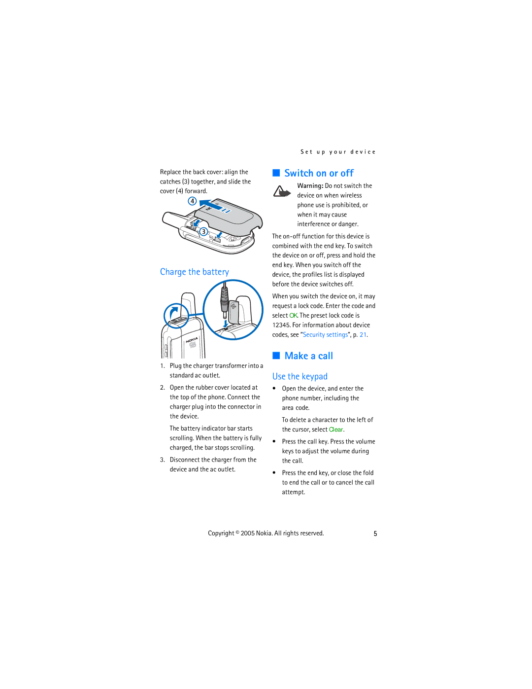 Nokia 2255 manual Switch on or off, Make a call, Charge the battery, Use the keypad 