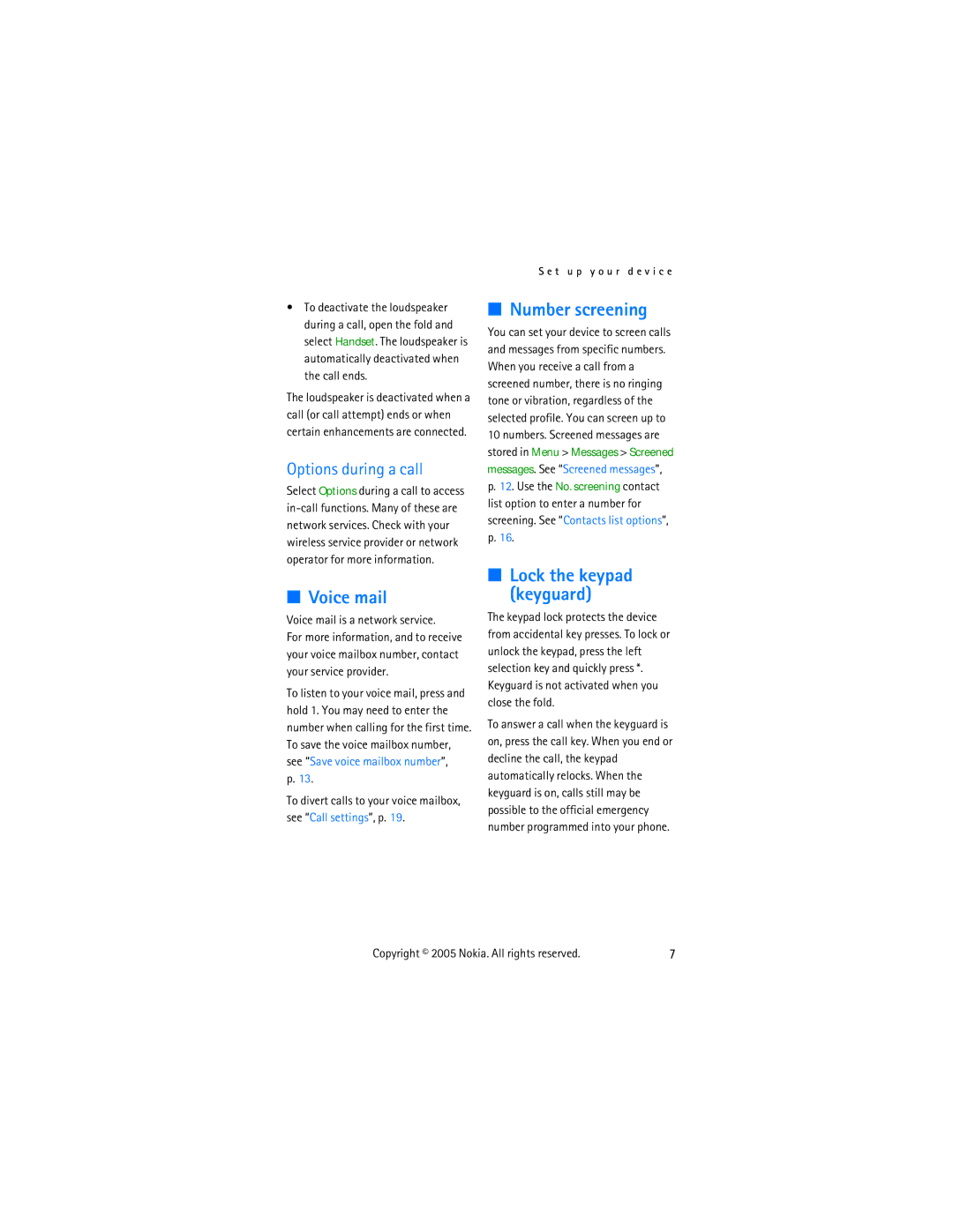 Nokia 2255 manual Number screening, Options during a call, Lock the keypad keyguard, Voice mail is a network service 