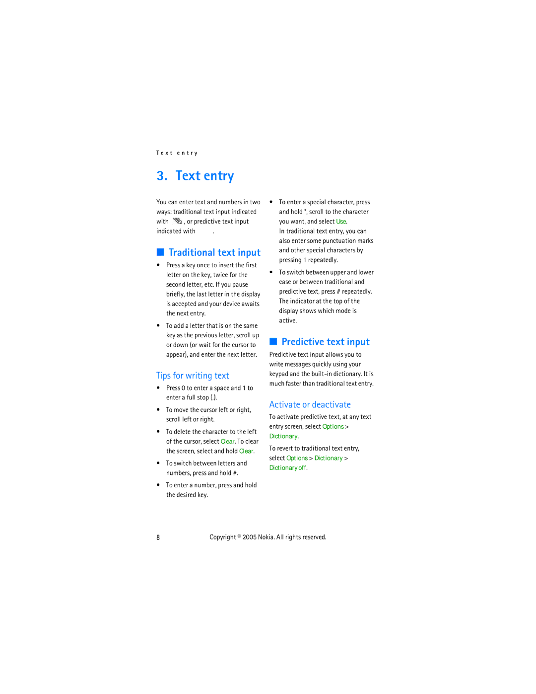 Nokia 2255 manual Text entry, Predictive text input, Traditional text input, Tips for writing text, Activate or deactivate 