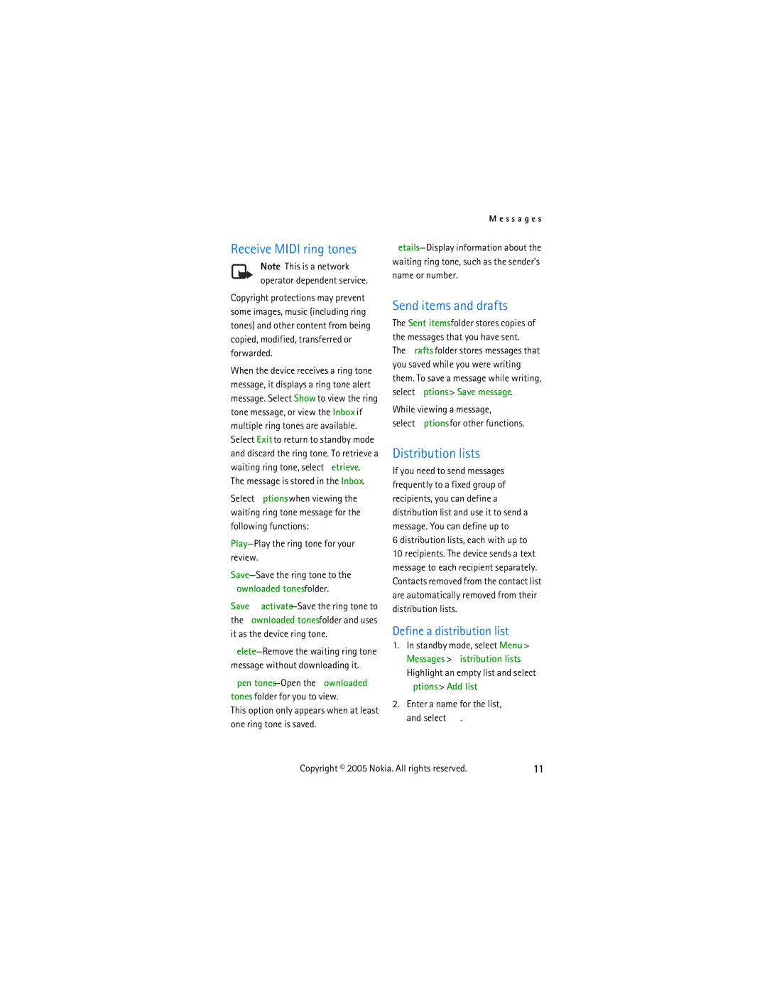 Nokia 2255 manual Receive Midi ring tones, Send items and drafts, Distribution lists 