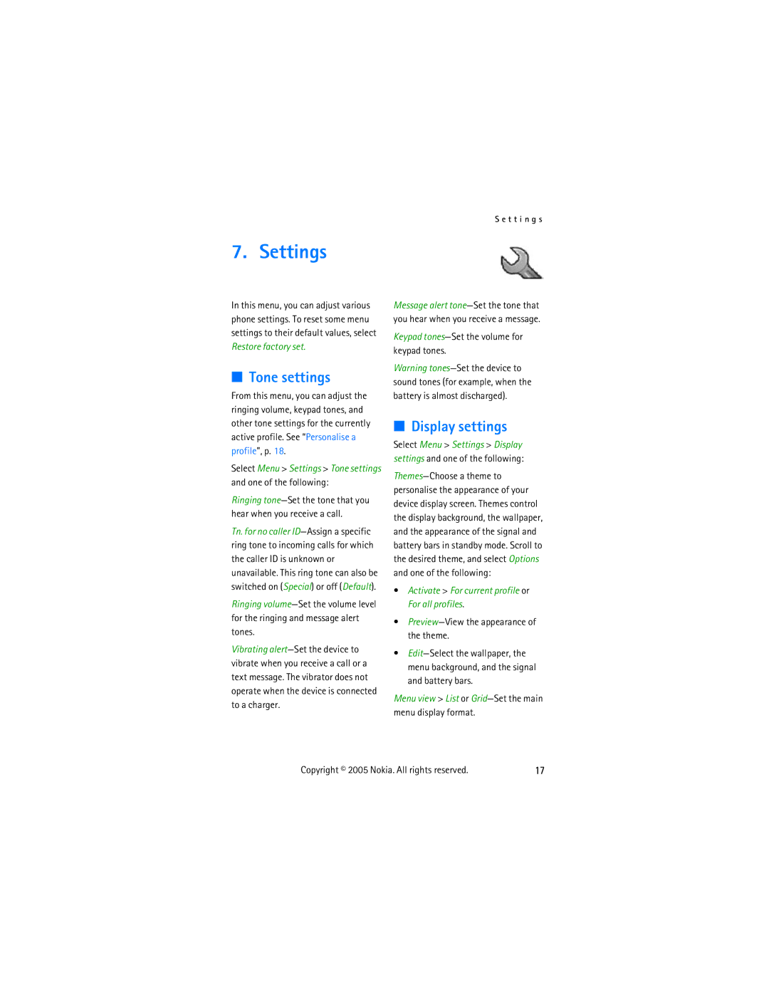 Nokia 2255 manual Settings, Tone settings, Display settings 