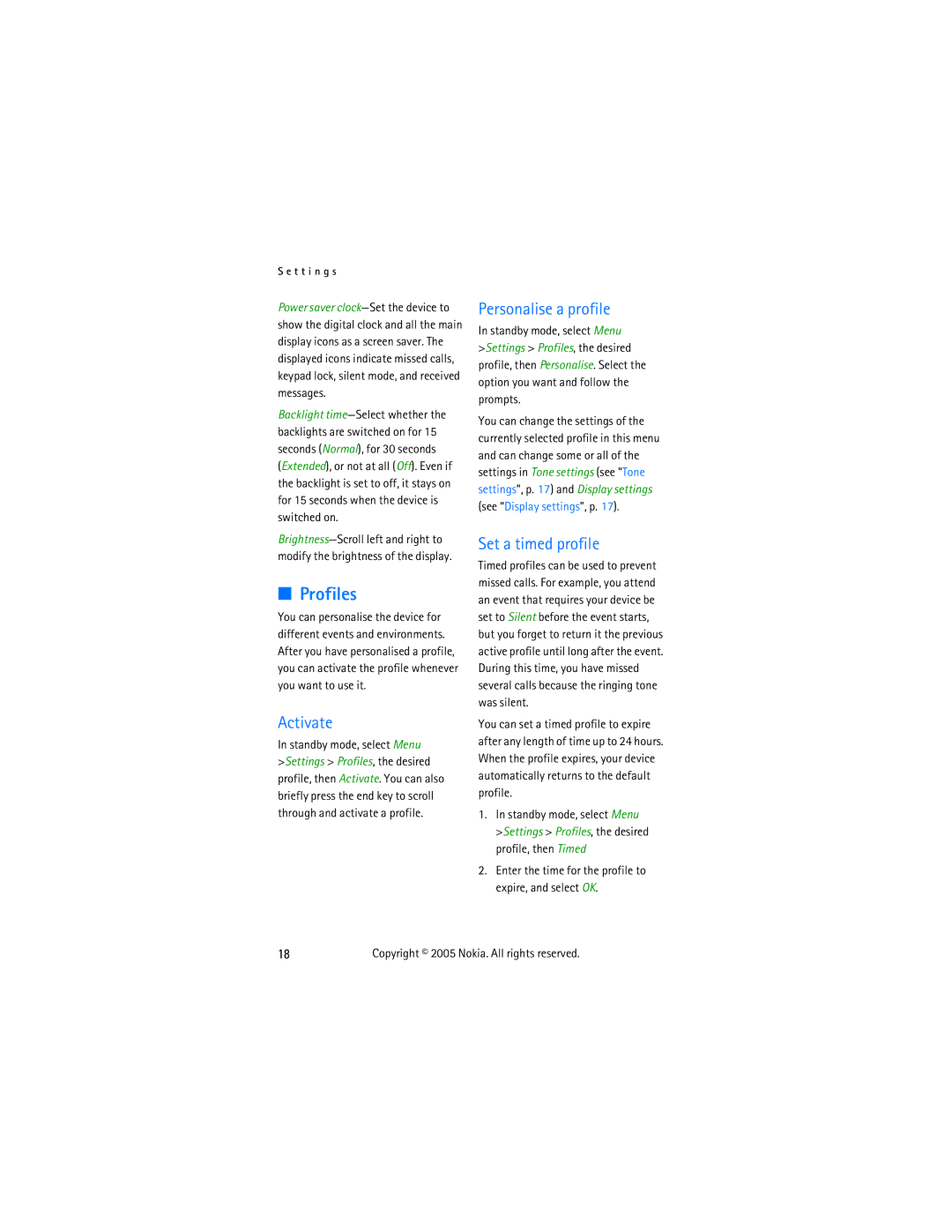 Nokia 2255 manual Profiles, Activate, Personalise a profile, Set a timed profile 
