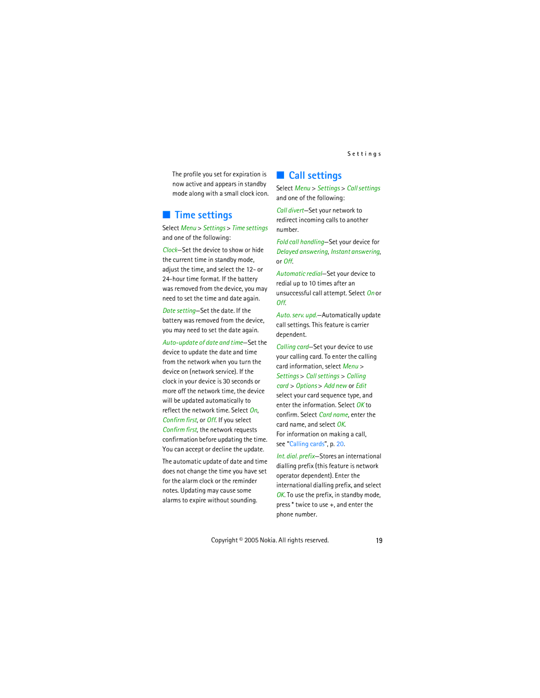 Nokia 2255 manual Time settings, Call settings 