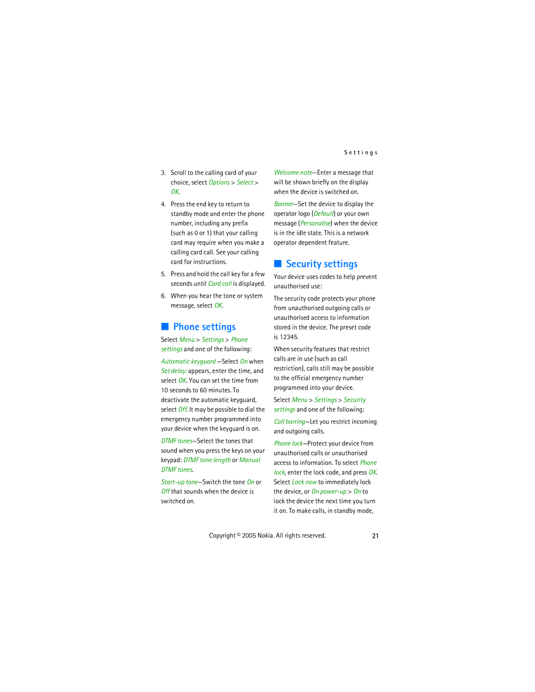 Nokia 2255 manual Phone settings, Security settings, When you hear the tone or system message, select OK 