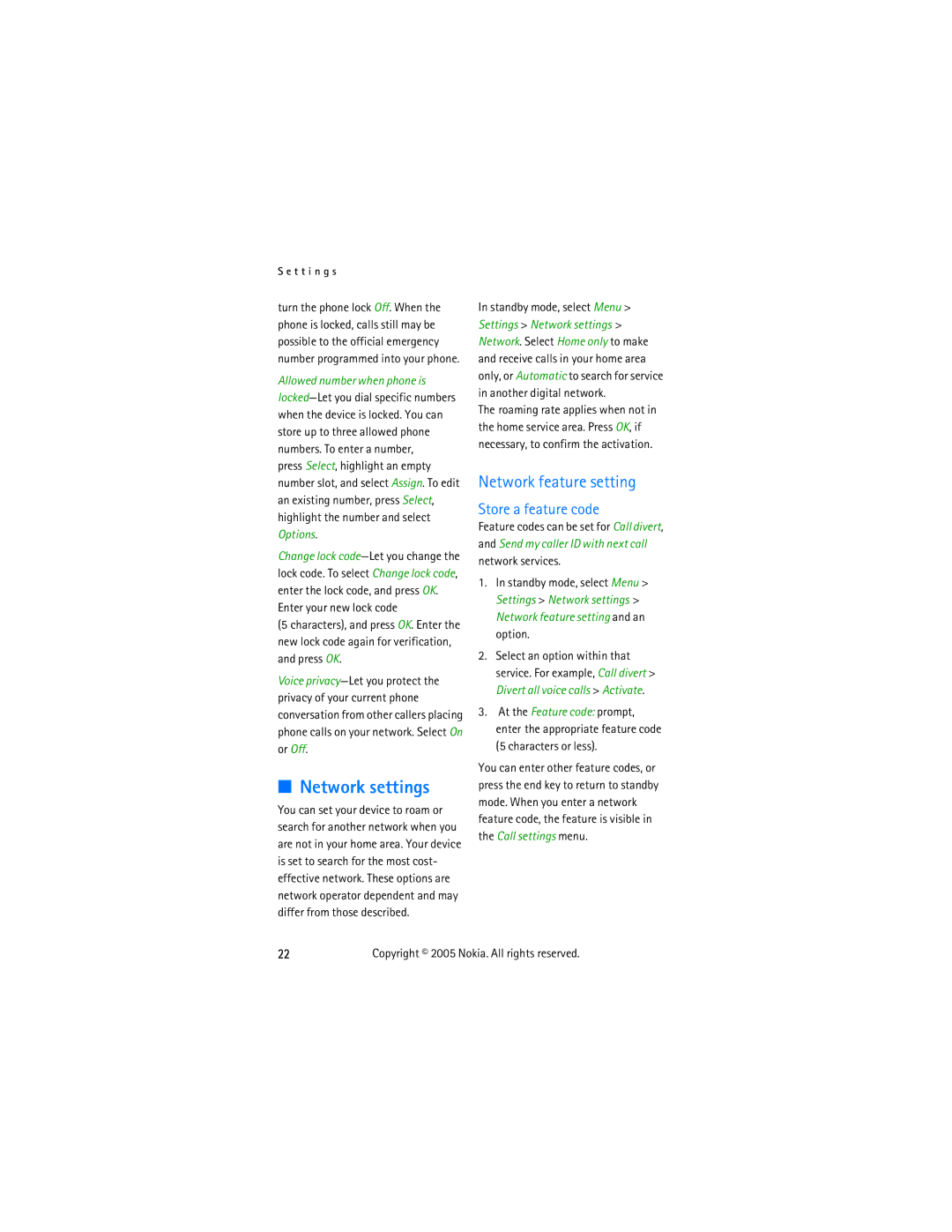 Nokia 2255 manual Network settings, Network feature setting 