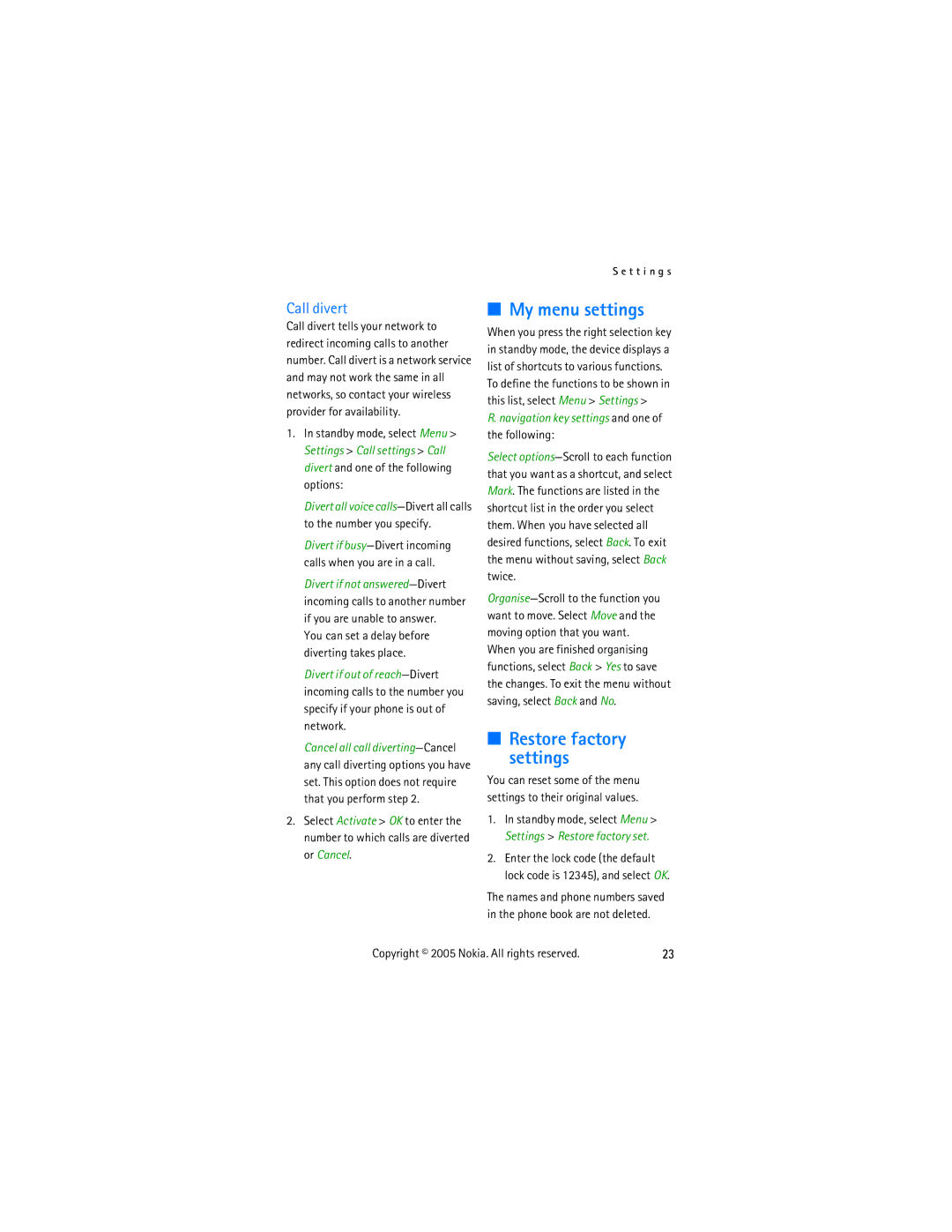 Nokia 2255 manual My menu settings, Restore factory settings, Navigation key settings and one of the following 