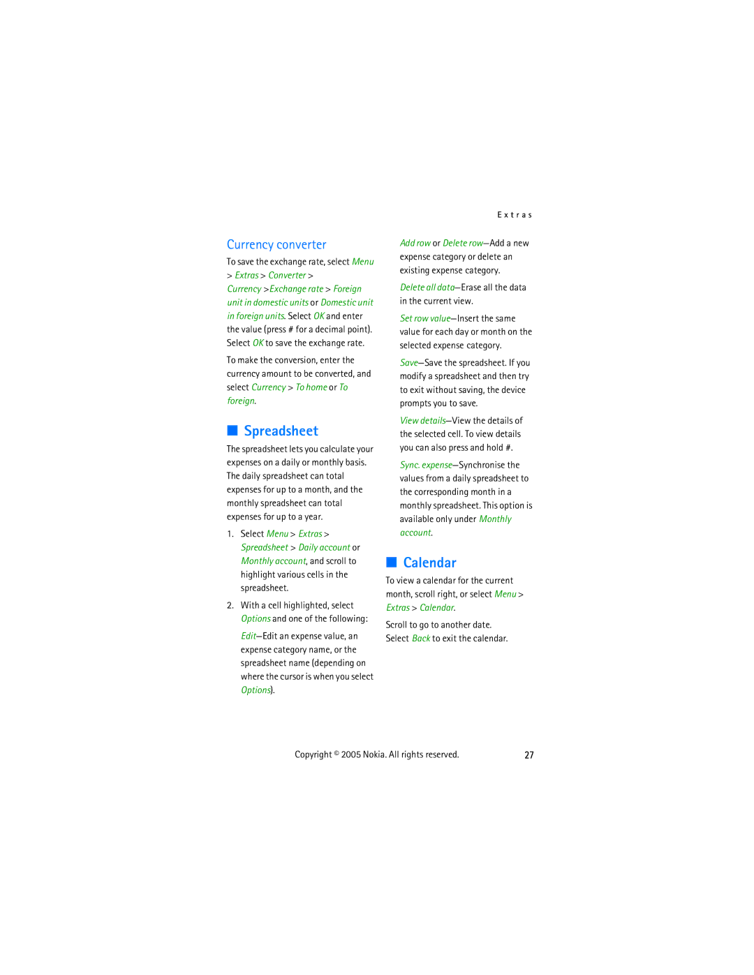 Nokia 2255 manual Spreadsheet, Calendar, Currency converter, Delete all data-Erase all the data in the current view 