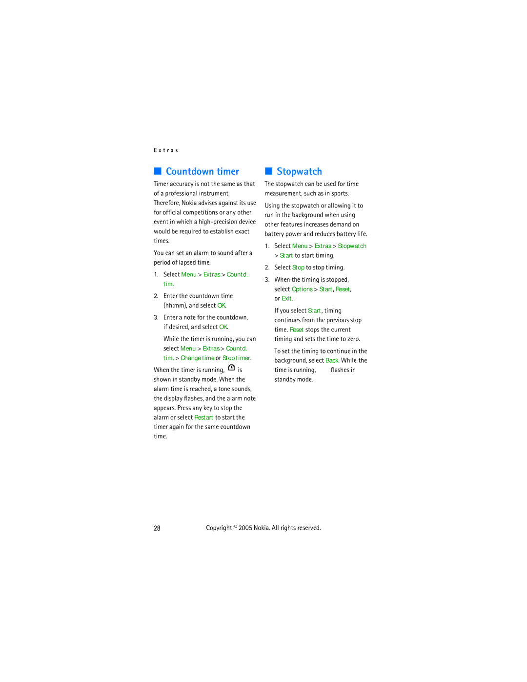 Nokia 2255 manual Countdown timer, Stopwatch, You can set an alarm to sound after a period of lapsed time 