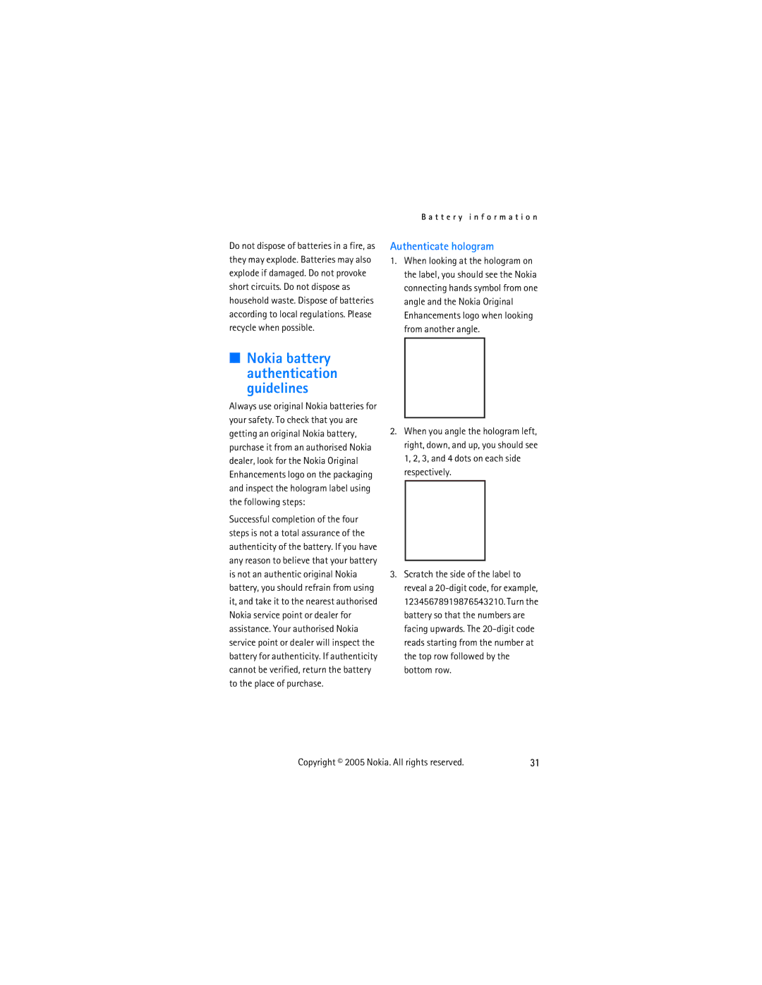 Nokia 2255 manual Nokia battery authentication guidelines, Authenticate hologram 