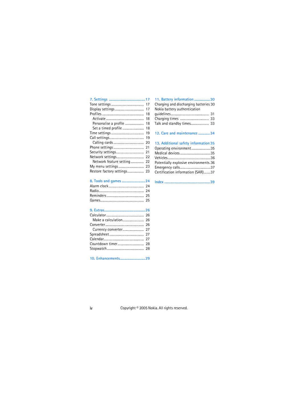 Nokia 2255 manual Nokia battery authentication, Iv Copyright 2005 Nokia. All rights reserved 