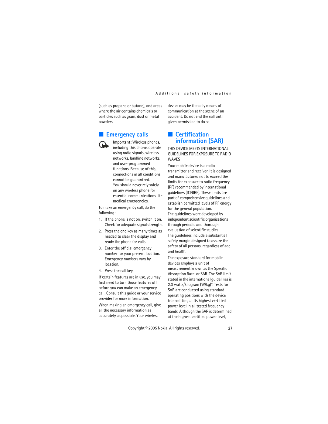 Nokia 2255 manual Emergency calls, Certification information SAR, To make an emergency call, do the following 