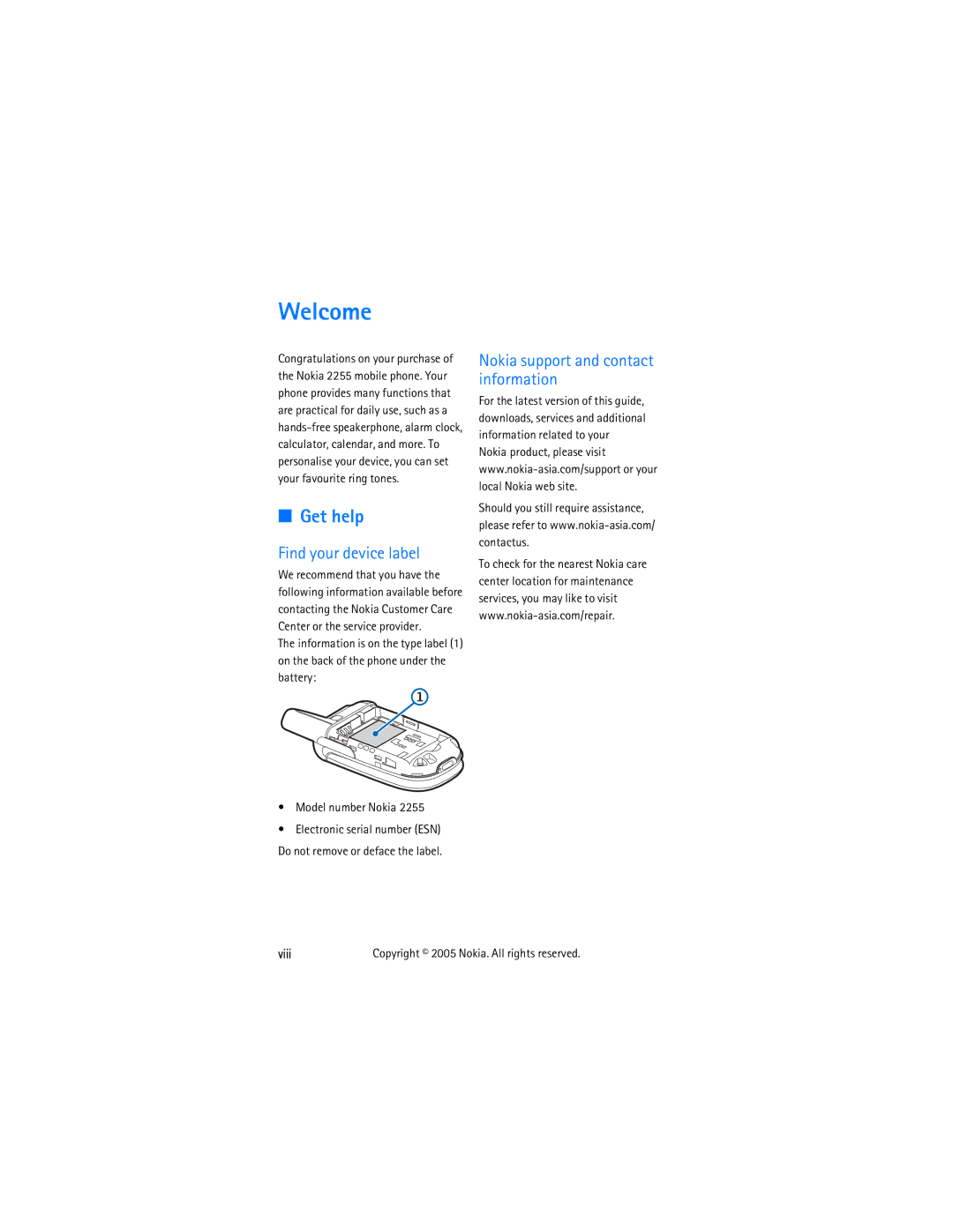 Nokia 2255 manual Welcome, Get help, Find your device label, Nokia support and contact information 